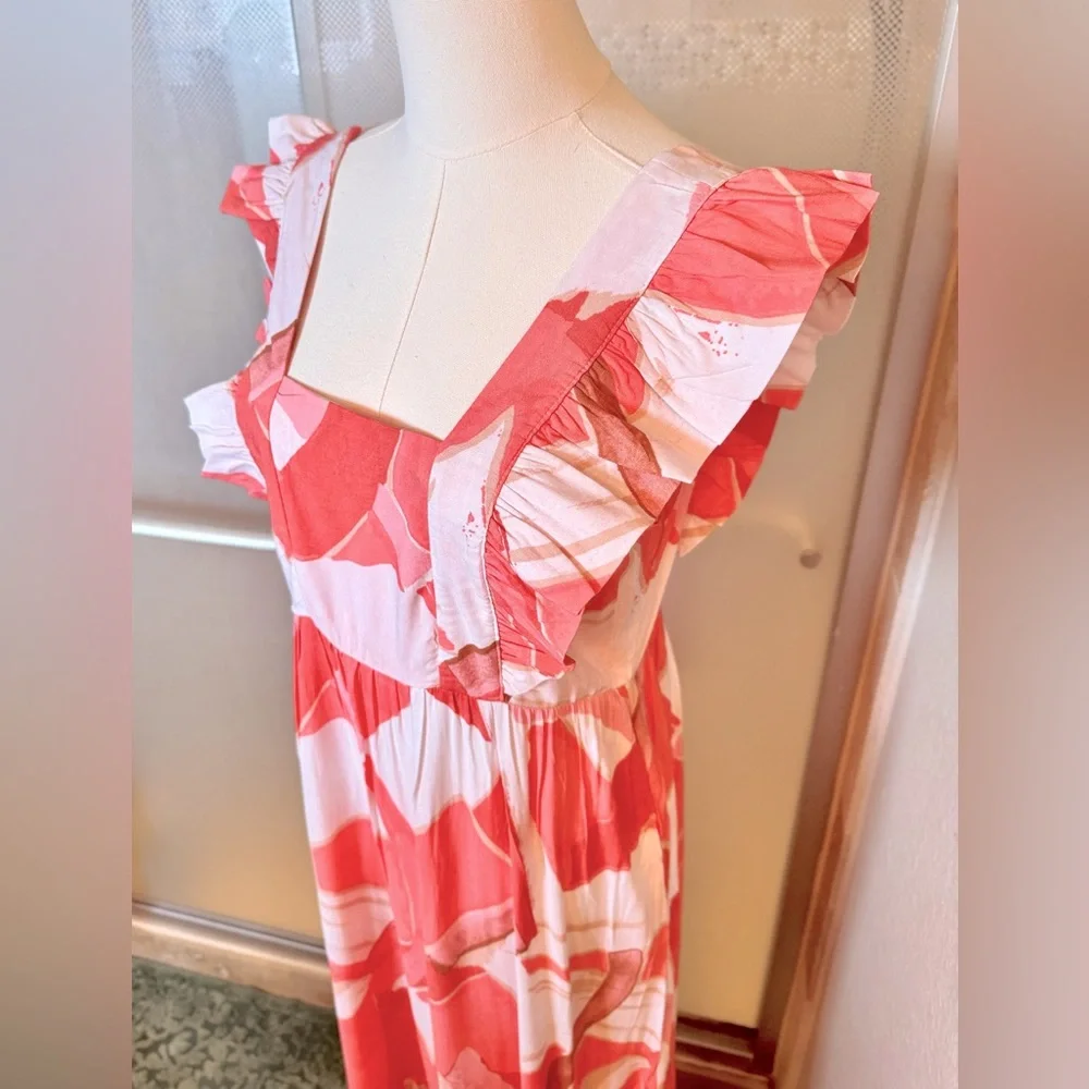 PETAL & PUP Ruffle Sleeve Vibrant Coral & White Tiered Maxi Dress